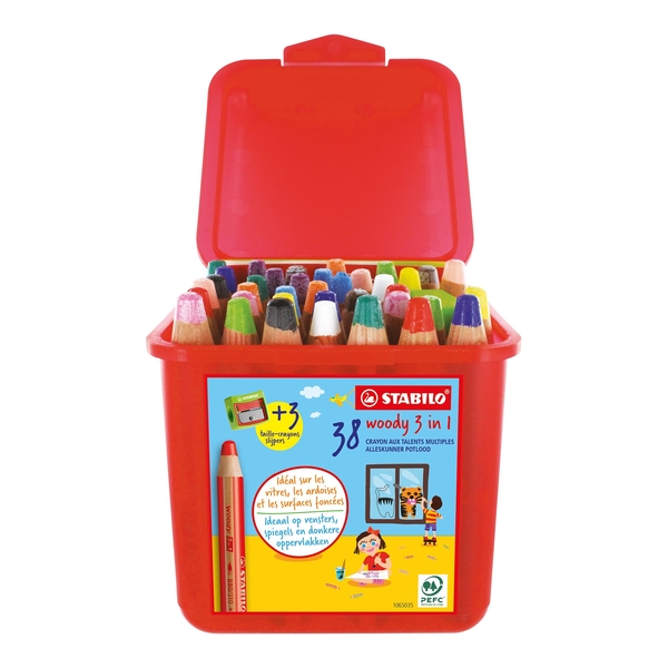 STABILO Buntstift woody, 38 Stifte 3 in 1 plus 3 Spitzer in einer Box 