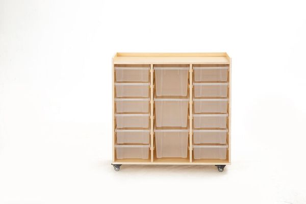 Mobiles Regal mit 3 Reihen, 12 kleine, 3 große Boxen, LxBxH: 86 x 39 x 83 cm