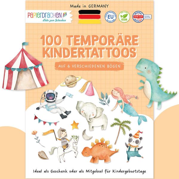 100 Kindertattoos zum Aufkleben – Bunter Mix (Meerjungfrau, Zirkus, Ritter & Prinzessin, Dinos, Tiere, Weltall)