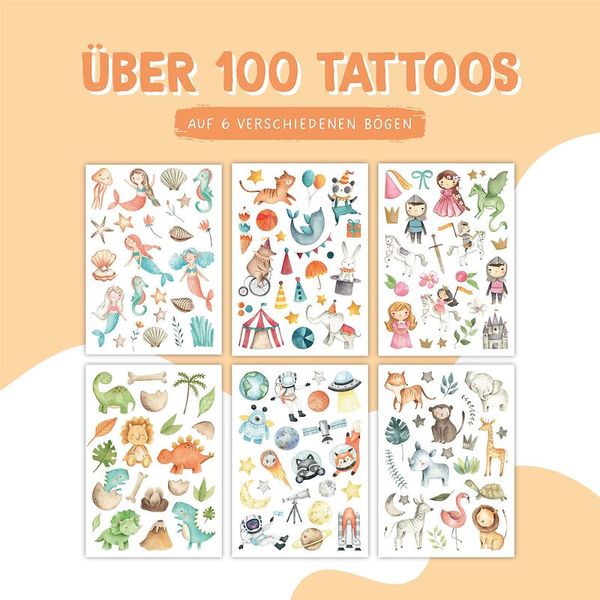 100 Kindertattoos zum Aufkleben – Bunter Mix (Meerjungfrau, Zirkus, Ritter & Prinzessin, Dinos, Tiere, Weltall)