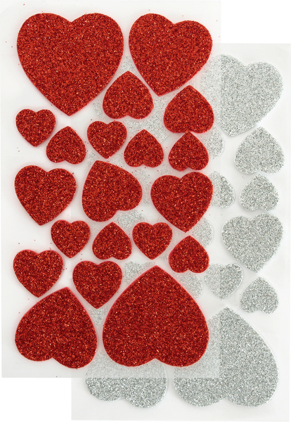 Glitter-Sticker Herzen, rot & silber