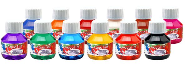 Aqua Tint Ausprobierset, wasserbasierte, flüssige Tinte, von 12 Standardfarben, 50 ml, inkl. Anleitung