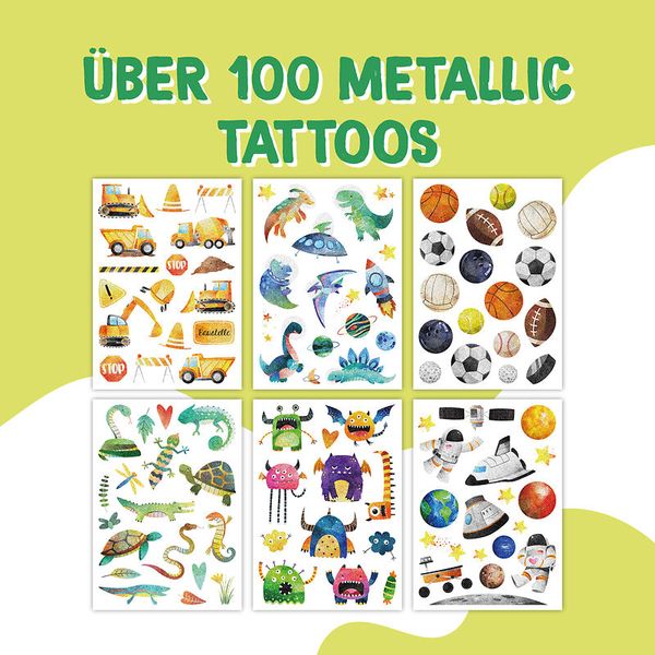 100 Kindertattoos zum Aufkleben - Glitzer Tattoo Set Wasserfarbmotive Jungen