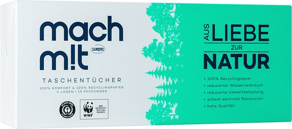 100% Recycling Taschentücher - aus liebe zur Natur, 4 lagig, 15 Päckchen mit je 10 Tüchern