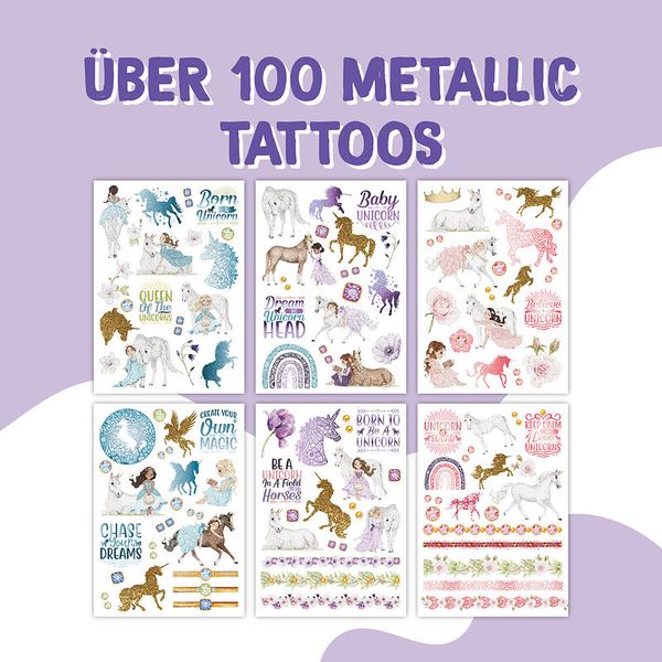 100 Kindertattoos zum Aufkleben - Glitzer Tattoo Set Einhörner