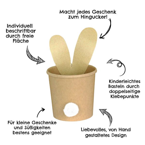 Osterbecher mit Ohren, 6 Stück, naturbraun - Bastelset