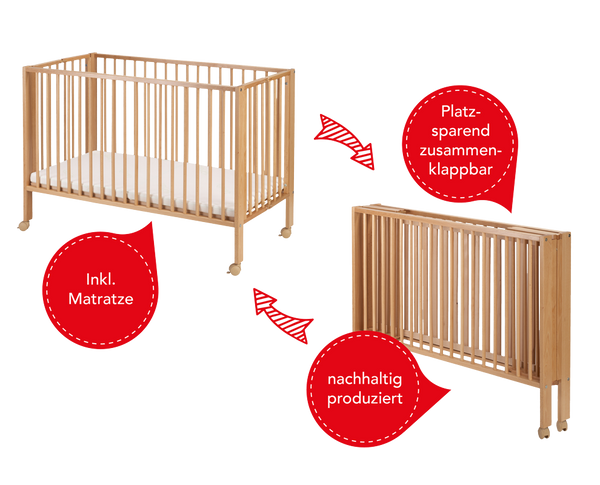 Kinderfaltbett, Liegefläche 120 x 60cm, versch. Farben, inklusive Matratze