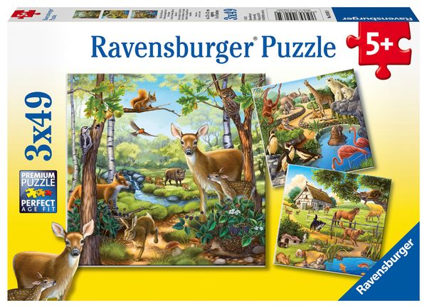 RAVENSBURGER Puzzle Wald-/Zoo-/Haustiere, 3 x 49 Teile, ab 5 Jahre