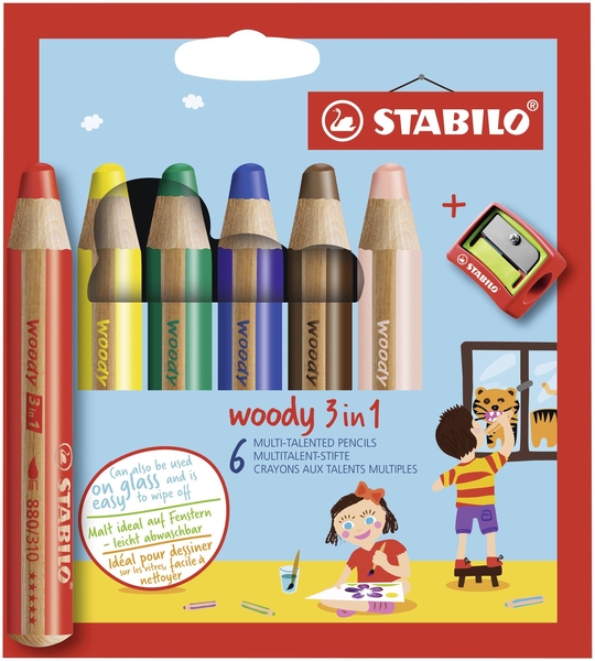 STABILO woody 3 in 1 - 6er Pack mit Spitzer - mit 6 verschiedenen Farben