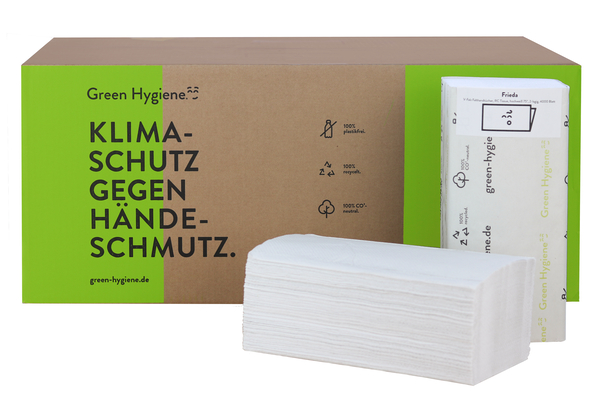 GREEN HYGIENE Palette - CO2 neutrales Handtuchpapier 2-lagig, FRIEDA, weiß, V-Falz, 25x23 cm, 128.000 Blatt