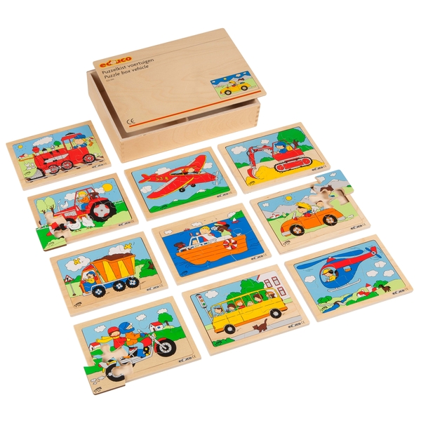 EDUCO Puzzlekiste Fahrzeuge, 10 Holzpuzzle (6-8 Teile), ab 3 Jahre