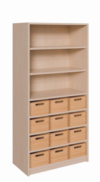 Schrank mit 12 mittleren Massivholzkästen mit Sichtfenster (B/H/T: 78 x 160 x 40 cm)