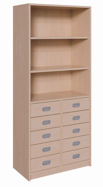 Schrank mit 10 Schubladen und offenen Regal (B/H/T: 78 x 180 x 40 cm)