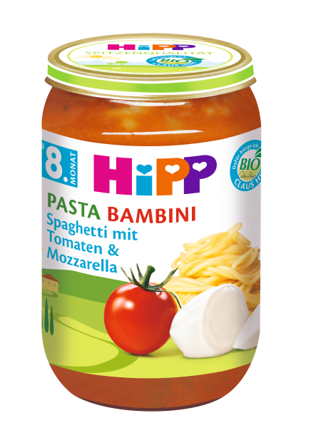 HIPP Pasta Bambini Spaghetti mit Tomaten und Mozzarella (ab 8. Monat), 6x220 g