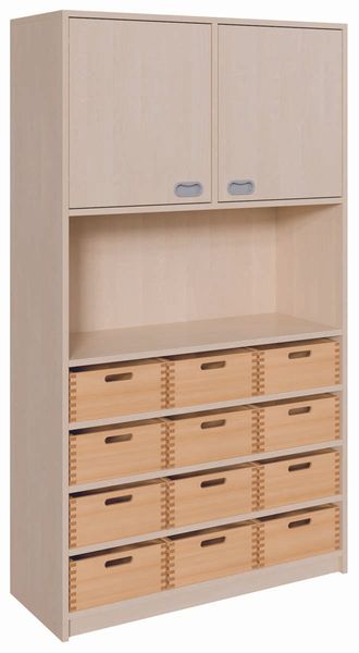 Schrank mit 12 großen Massivholzkästen, Fach, 2 Türen (B/H/T: 102 x 180 x 40 cm) mit SF