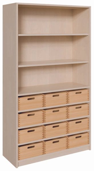 Schrank mit 12 großen Massivholzkästen, 2 Regalböden (B/H/T: 102 x 180 x 40 cm) ohne SF