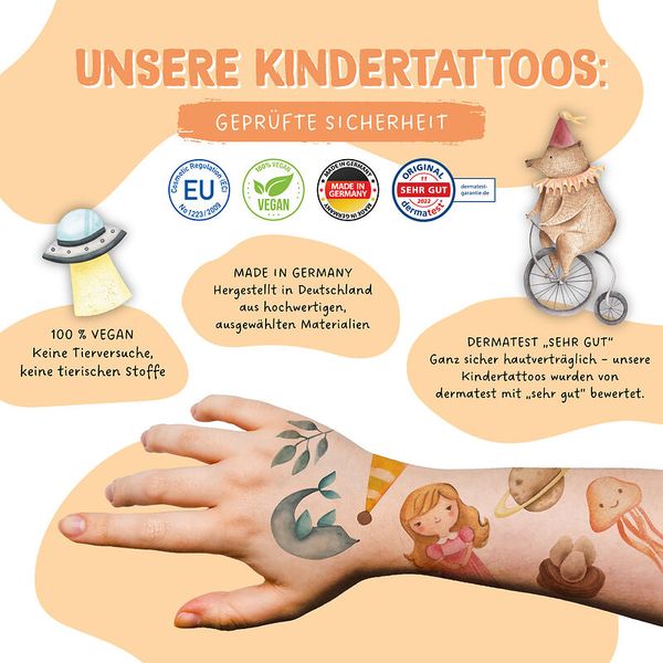 100 Kindertattoos zum Aufkleben – Bunter Mix (Meerjungfrau, Zirkus, Ritter & Prinzessin, Dinos, Tiere, Weltall)