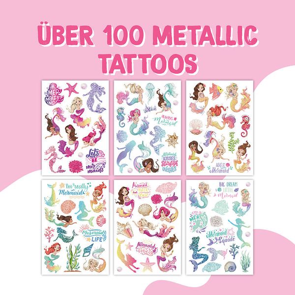 100 Kindertattoos zum Aufkleben - Glitzer Tattoo Set Meerjungfrauen