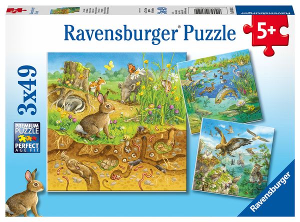 RAVENSBURGER Puzzle Tiere in ihren Lebensräumen, 3 x 49 Teile, ab 5 Jahre