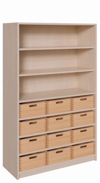 Schrank mit 12 großen Massivholzkästen, 2 Regalböden (B/H/T: 102 x 160 x 40 cm) ohne SF