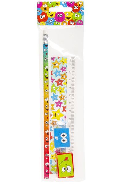 Schreib-Set Smiley (Lineal, Radierer, Bleistift, Spitzer), 1 Set