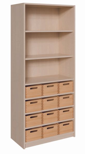 Schrank mit 12 mittleren Massivholzkästen mit Sichtfenster (B/H/T: 78 x 180 x 40 cm)