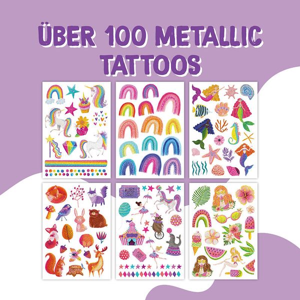 100 Kindertattoos zum Aufkleben - Glitzer Tattoo Set Bunter Mix