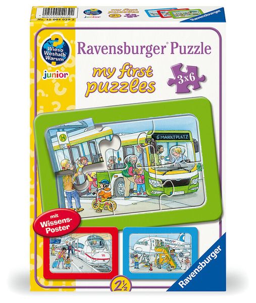 RAVENSBURGER my first puzzles: Unterwegs mit Bus, Bahn und Flugzeug, 3 Kinderpuzzles mit 6 Teilen + Wissensposter, ab 2,5 Jahre