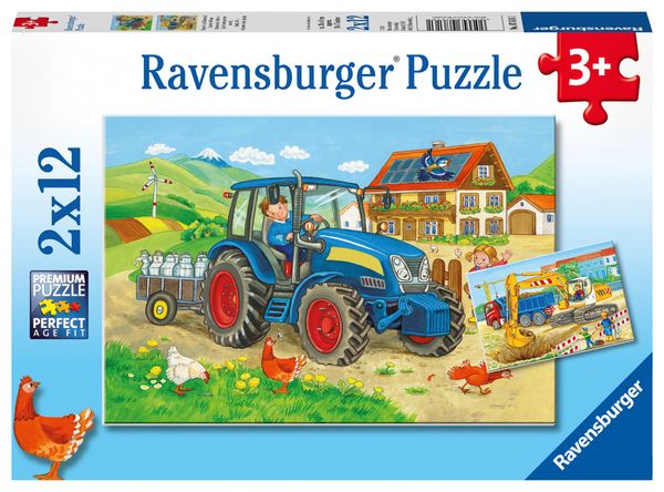 RAVENSBURGER Puzzle Baustelle und Bauernhof, 2 x 12 Teile, ab 3 Jahre