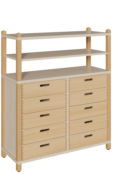 Stollenschrank mit 10 Massivholzschüben + Regal