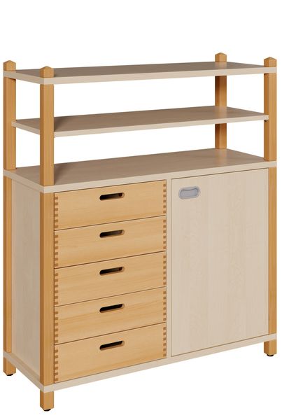 Stollenschrank mit 5 Massivholzschüben, Tür + Regal