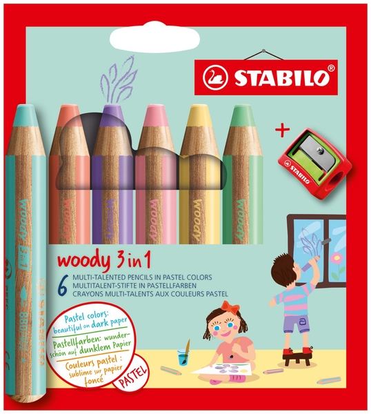 STABILO woody 3 in 1 - 6er Pack mit Spitzer - Pastellfarben