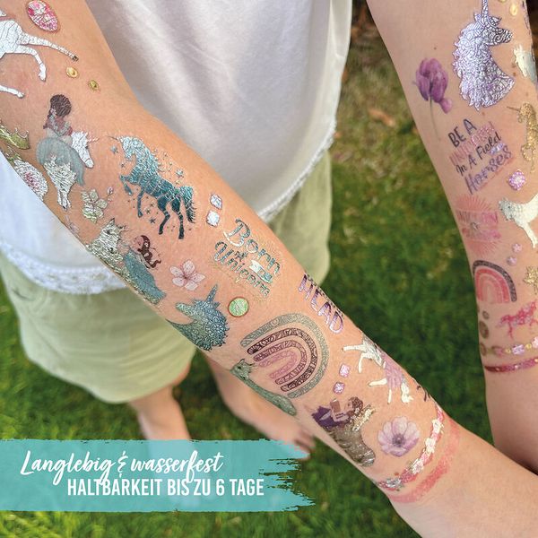 100 Kindertattoos zum Aufkleben - Glitzer Tattoo Set Einhörner